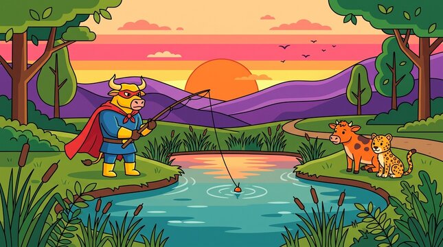 Cartoon superhero bull fishing at sunset, whimsical animal characters by a pond, vibrant flat vector landscape illustration