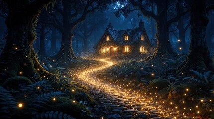 Fototapeta premium Magical stone path glows with golden light through dark enchanted forest. Small cozy cottage sits among ancient trees at night. Whimsical fairytale landscape features sparkling fireflies, mystical