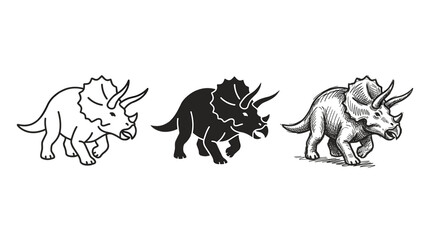 Three triceratops dinosaur icons charging forward in outline silhouette and hand drawn style © BestFren