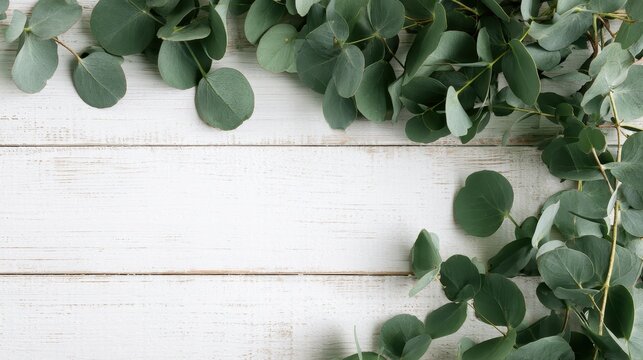 Minimalist eucalyptus foliage on a whitewashed background with natural wood texture and negative space