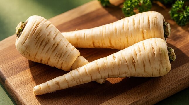 Two fresh parsnips lie on wooden cutting board. Raw organic root vegetables ready for cooking in kitchen. Healthy long white parsnips on timber surface with green parsley background. Natural food