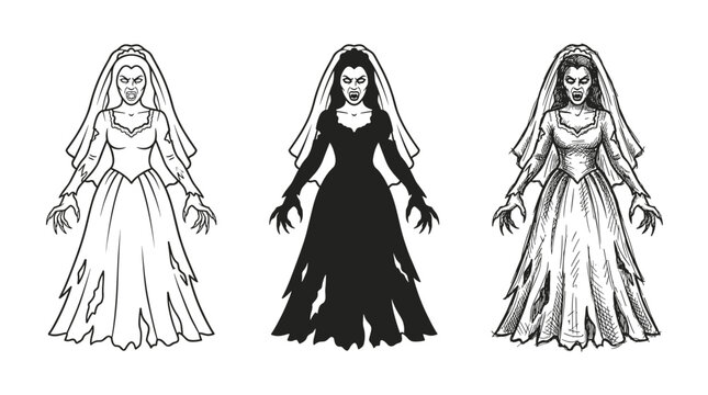 Hissing vampire bride in veil and tattered gown set of line art silhouette and sketch icons