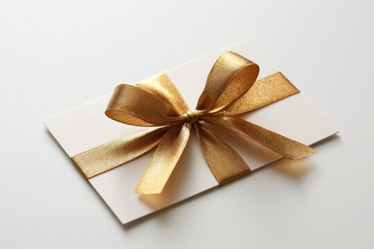 Minimalist gift card scene with golden ribbon bow against a pure white backdrop