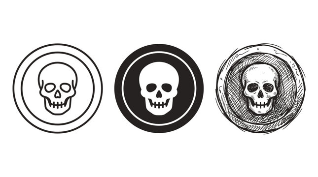 Three pirate skull coin icons in line silhouette and sketch styles