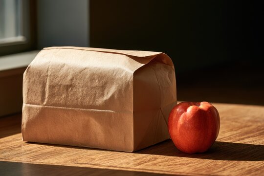 Minimalist lunch setup: brown paper bag and single red fruit on wooden surface