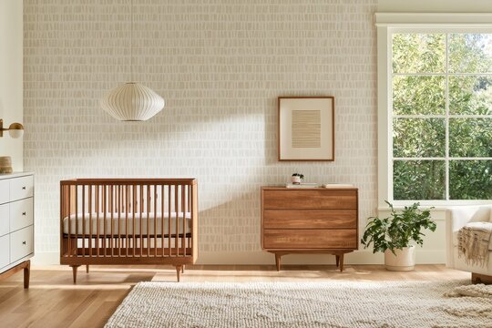 Minimalist nursery featuring a wooden crib, light wood floor, and subtle patterned wallpaper