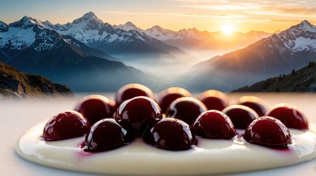 Ripe cherries in white sauce sit on a plate. Snowy mountains peak under a golden sunset sky creating a dreamy food backdrop. This is a sweet dessert.