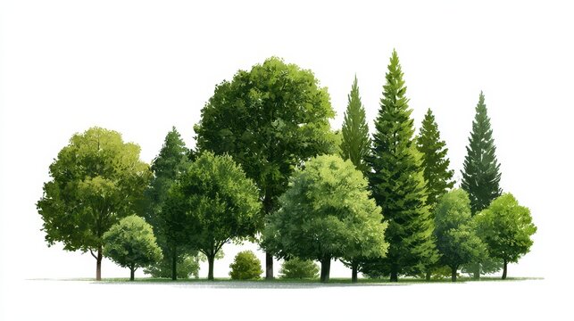 Minimalist scene of multiple tree silhouettes in fresh greens on white background
