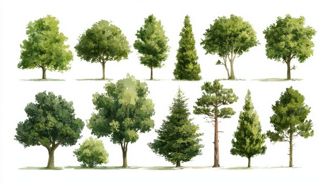 Minimalist set of various tree silhouettes on a pure white backdrop