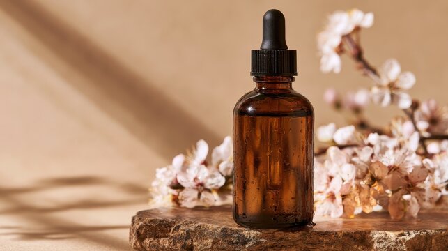 Minimalist skincare serum on natural stone with delicate flowers against a beige backdrop