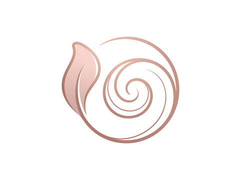 Elegant botanical petal spiral logo vector illustration, rose gold leaf and seashell swirl line art isolated on white background for beauty, spa, and wellness branding