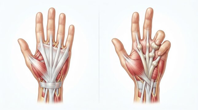 This illustrates the palmar fascia and connective tissue in the human hand focusing on Dupuytrens contracture and its implications on movement.