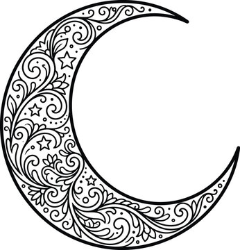 Beautiful decorative crescent moon with floral patterns and stars coloring page