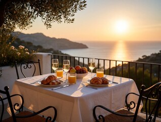 Fototapeta premium Romantic breakfast table set on a balcony overlooking ocean at sunrise. Food, drinks and fruit arranged elegantly for a serene morning meal. Scenic sea view.