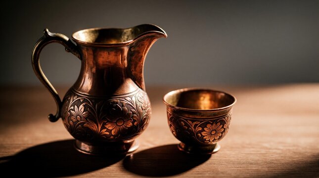 Antique copper pitcher, small metal cup with floral engravings on wooden table. Ornate vintage brass vessel set sits in warm light. Decorative traditional drinkware shows detailed etched patterns.