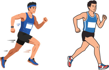 Fototapeta premium A flat-style vector illustration of two male marathon runners wearing race bib numbers and athletic tank tops, sprinting forward in dynamic running poses. 
