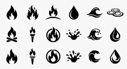 Obraz premium Minimalist Black and White Icons Set of Fire Water and Earth Elements with Abstract Shapes and Symbols