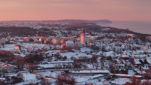 Beautiful Wladyslawowo city at the Baltic Sea at snowy winter, Poland.