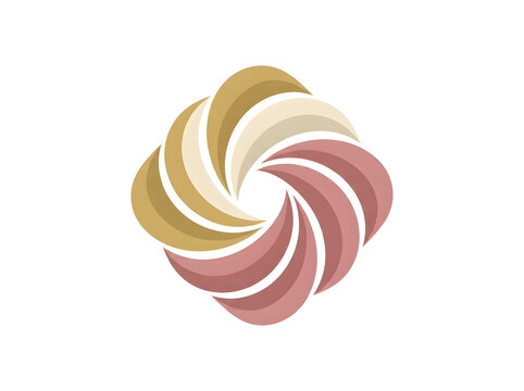 Abstract flower swirl logo vector illustration, geometric folded ribbon symbol with gold and dusty pink petals isolated on white background for luxury branding and beauty concept