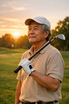 Senior man golfer at sunset on a golf course looking thoughtful with club over shoulder for outdoor background and leisure lifestyle