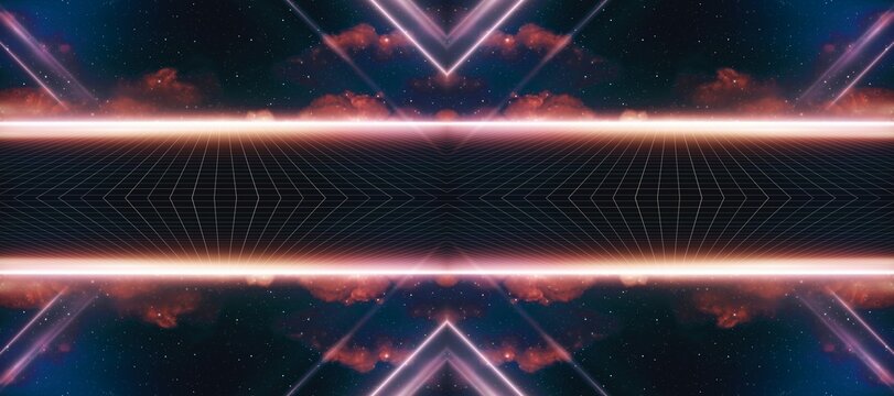 Abstract digital network background with glowing neon light lines and particle effects.