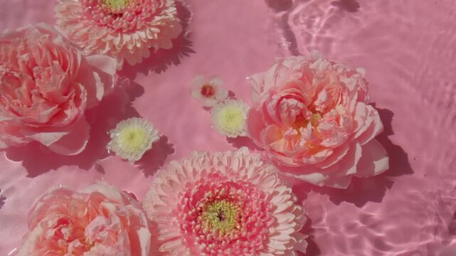 Rose and gerbera flowers swim in water texture on pink background	
