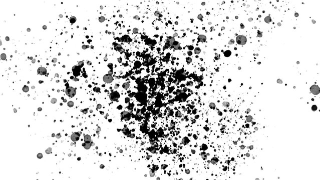 Messy dark ink splash drops with irregular shapes isolated on transparent background for artistic grunge graphic design overlay.