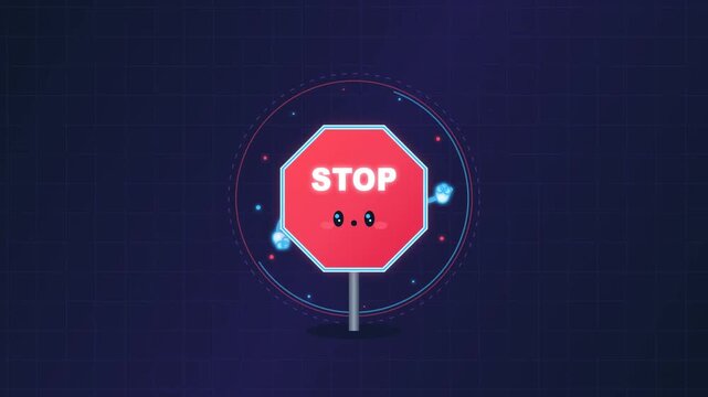 Cute Kawaii Stop Sign Character Illustration on Dark Background with Glowing Geometric Circle Effect