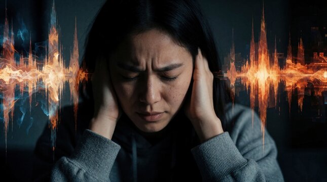 Woman covers ears, distressed by loud noise visualization. Intense sound waves, heat, light impact her, causing pain, mental anguish. She struggles with sensory overload, emotional strain indoors.