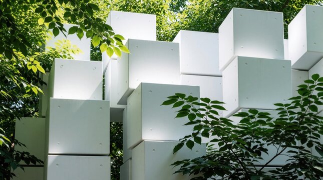 Abstract arrangement of white geometric boxes forms modern sculpture against backdrop of green foliage, dappled sunlight. Clean design offers sense of balance, order in natural outdoor setting.