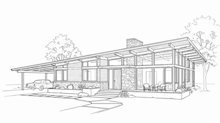 Fototapeta premium Architectural line drawing of a mid-century modern home with carport