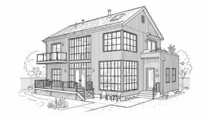 Fototapeta premium Modern two-story house architectural sketch with large windows and deck