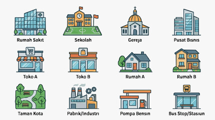 Fototapeta premium Modern Colorful Illustrated Icons of Various Urban Landmarks and Buildings with Indonesian Labels