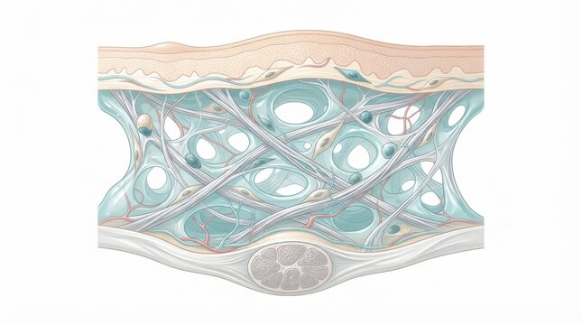 The intricate network of fascia connective tissue and interstitium fluid within the human body, highlighting anatomy.