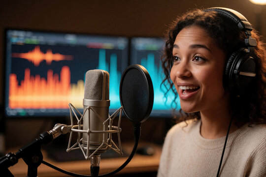 Young woman wearing headphones records voice over near pro microphone. Audio mixing software displays sound waves on computer monitors in studio.