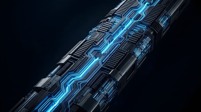 Abstract 3D render of a futuristic data bus or motherboard trace with glowing blue neon circuit lines on a dark background. Concept for digital networks, AI, and cybersecurity.