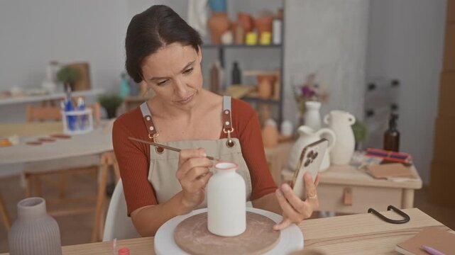 Woman painting a white ceramic vase with a fine brush, hand steady while holding smartphone for reference in a ceramics studio; concentration creativity.