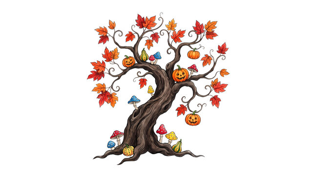 Halloween tree with carved pumpkins and red autumn leaves creating a spooky holiday scene.
