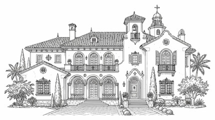 Fototapeta premium Luxury Mediterranean Mansion Line Art Architectural Illustration
