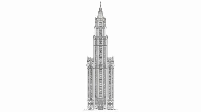 Vintage Neo-Gothic skyscraper architectural elevation line art drawing
