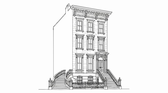 Detailed Line Art Drawing of a Classic New York City Brownstone House