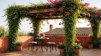 Fototapeta premium Wooden pergola covered with green vines and pink flowers. Outdoor terrace with table and chairs for relaxation. Rooftop view with tiled roof and chimney.