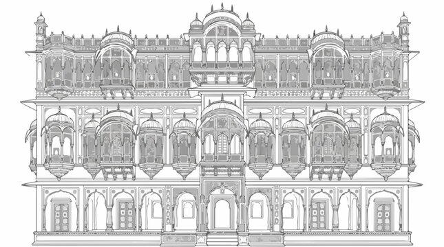 Detailed Indian architectural line art of traditional palace facade