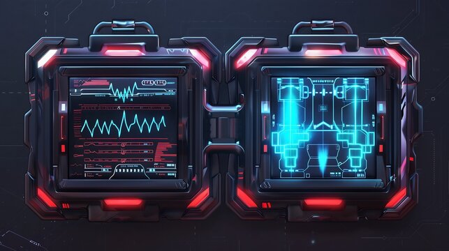 Futuristic dual-screen device with data visualization and vibrant digital displays