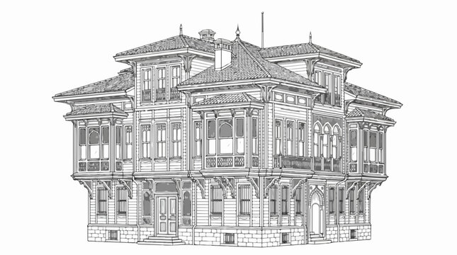 Traditional Turkish Ottoman Mansion Line Art Architectural Illustration