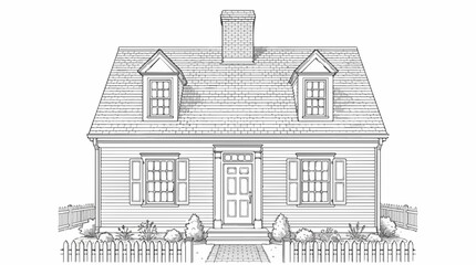 Obraz premium Line art sketch of a colonial house with dormer windows and picket fence