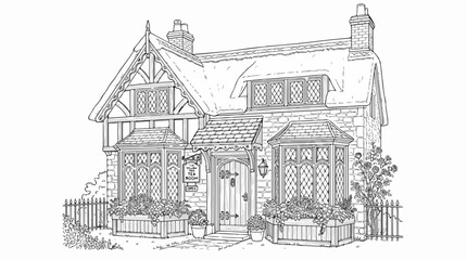 Fototapeta premium Cozy English Village Tea Room Cottage Line Art Coloring Book Illustration