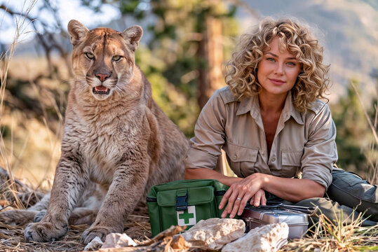 Female ranger sits with green first aid kit next to cougar on national park background. Veterinary medicine, animal care and wildlife protection concept. Lifestyle portrait for poster, visual material