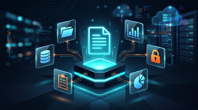 Glowing digital document surrounded by floating holographic data icons showcasing advanced cyber security and information management systems in neon blue
