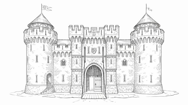 Detailed line art sketch of medieval castle gatehouse with towers
